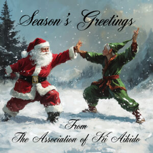 Santa practises Aikido with an elf in the snow. Text: Season's Greetings from the Association of Ki Aikido. Image created by MidJourney